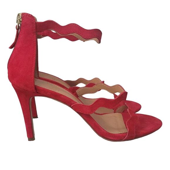 J by J Crew 6.5 Red leather Ankle Heel Pumps Open Toe Strappy - Picture 2 of 9